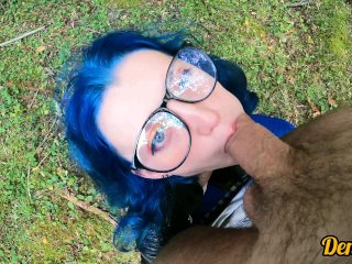 Cutie in Glasses with Blue Hair Fucks and_Gives a Good Blowjob in theWoods
