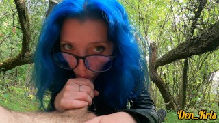 cutie in glasses with blue hair fucks and gives a good blowjob in the woods