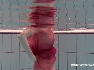 Katya Okuneva strips in her red lingerie underwater
