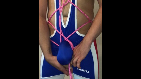 my new WRESTLING SINGLET ** Tied up COCK and BALLS **