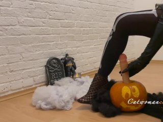Catwoman MakesHot Self Fuck with Halloween Pumpkin TillIt Cums COSPLAY,CLAMPS,BIG TITS,HIGH HEELS