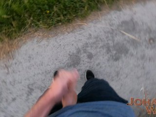 Real risky cumshot right at the jogging track! - Cover the track in cum
