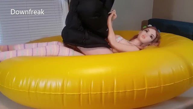 Fucking Elf Sex Doll with Shiny down Jacket on Big Inflatable PVC Raft. Titty Fuck Cumshot Ending.