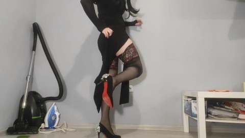 Sissy dances in stockings and evening dress while his wife is not home