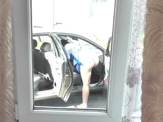 Outdoor Public. Mommy Milf no panties washes_car salon in yard of house neighbor looks_out window