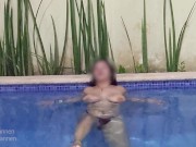 Preview 1 of Busty teen showing boobs on public pool, we were caught fucking