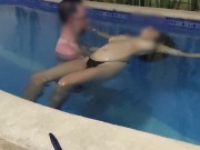 Preview 5 of Busty teen showing boobs on public pool, we were caught fucking