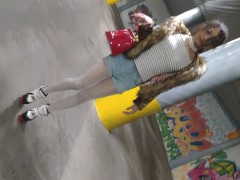 Sexy sissy Ponyboy walking around the parking in his pantyhose and sexy fur coat