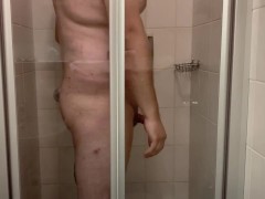 Fat man with small dick pees and masturbating in the shower