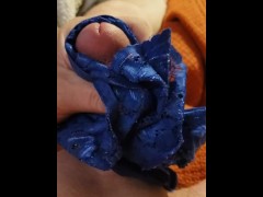 stroking my cock with the wifes sexy blue lace panties