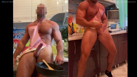 Muscle athlete making breakfast with morning wood/fans.ly/ArchiPan