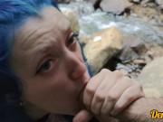 Preview 5 of cute schoolgirl with blue hair gives blowjob and sex to get cum on face