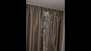 Naughty pissing on ceiling, curtains, and bed