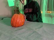 Preview 6 of Harry fucked a Halloween pumpkin with a big dick while Jen was peeking, then Jon framed his ass