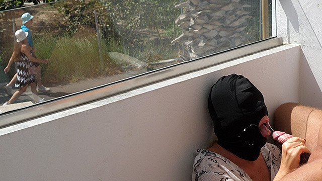 Public Blowjob on Sunny Balcony makes him cum fast, while strangers walking by during his cumshot