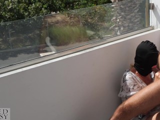 Public Blowjob on Sunny Balconymakes him cum fast, while strangers walking_by during his cumshot