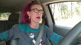 Milf masturbates and gets high in the car