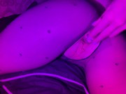 Preview 2 of juicy ass in torn pantyhose having fun with clear jelly dildo in neon light