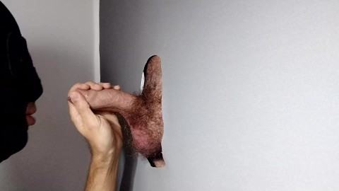 Boy with curved hairy cock, with lots of cum comes to gloryhole to be milked