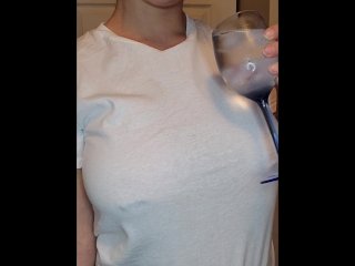 pierced nipples, brunette, vertical video, ice water