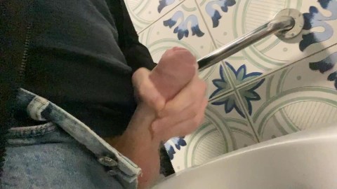 Snuck away from people as a coffee shop for public bathroom wank in France, big cock jerked hard cum