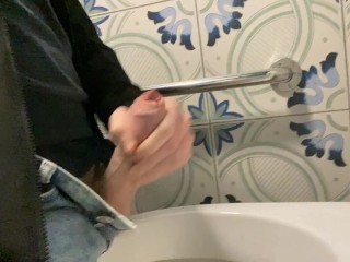 Snuck away from people as a coffee shop for public bathroom wank in France, big cock jerked hard cum