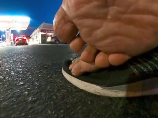 gas station, male soles, outside, toes