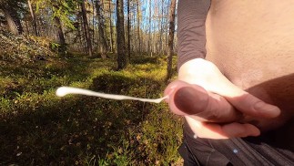 在秋天的森林里手淫我的白癜风鸡巴，然后射在裤子上