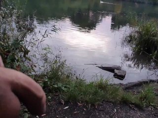 College guy jerking off on the riverside before the kayakers come back