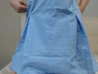 Crossdresser Wearing_a Blue Gingham Dress_and Jerking Off on_a Thick Diaper