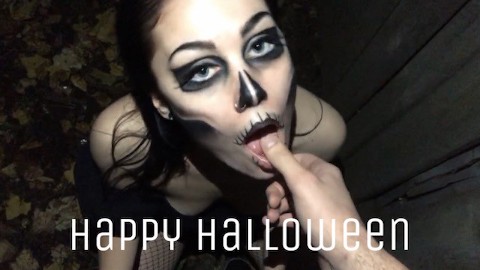 Spooky Slut Skull Fucked and Railed Hard Outside