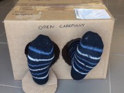 Preview 2 of Surprise Delivery series - Striped bed socks Big Male Feet to Worship inside - Manlyfoot