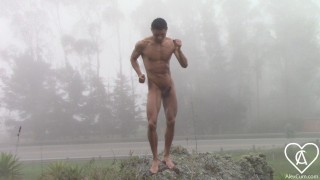 Crazy Boy MASTURBATING AND DANCING NAKED ON A STONE IN FRONT OF A BUSY ROAD