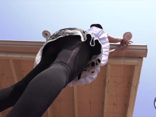 UPSKIRT FETISH! French Maid Fixes Lights --In Broad Daylight!