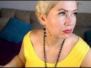 Preview 3 of Sexy mature lady AimeeParadise in a yellow dress spreads her buttocks & fucks herself with a dildo!