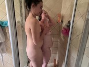 Preview 1 of TEEN and BBW lesbians washing each other in the shower | tongue kissing and pussy rubbing