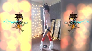 Tracer Cosplay Pole Dance Strip Session By