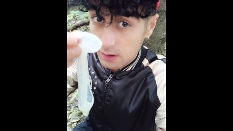 Drinking cum load from used condom, rinsing mouth with cum and swallowing cum outside