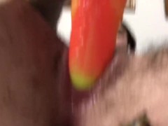 schoolgirlboy stretches his pussy with huge dildo, plays with his toys