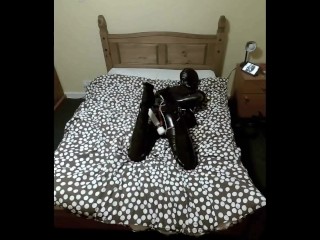 Teased by wand in self bondage latex_hogtie