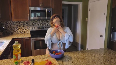 Slicing and crushing Food and RUBBING it into HUGE-TITTED Mature MOMMY Mistress Thursday