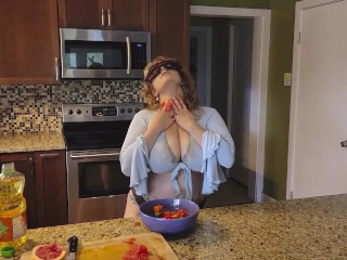 Slicing and Crushing Food and RUBBING it into HUGE-TITTED Mature MOMMY Mistress Thursday