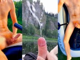 Guy on a boat in the wild masturbates dick and cums powerfully