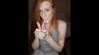 smoking, red damp hair, nose out smoke