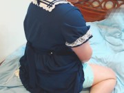 Preview 2 of Crossdresser Wearing a Blue Sailor Dress and a Thick Diaper, then Jerking Off 2