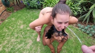 PISS FOUNTAIN over two SLUTS faces | INTERRACIAL PISSWHORES