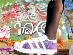 Feet Girl with Nylons Crushing Nylon Adidas Superstar clear transparent Girl Crush foot Feet sweaty