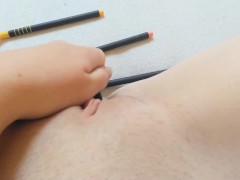 Cute putting pencils very deep in her little pussy