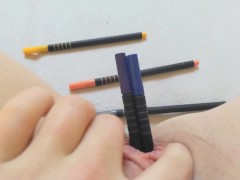 Cute schoolgirl putting pencils very deep in her little pussy