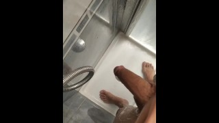 Jerking Big Cock in Shower, Cream Baths Cock and Squirting on Feet
